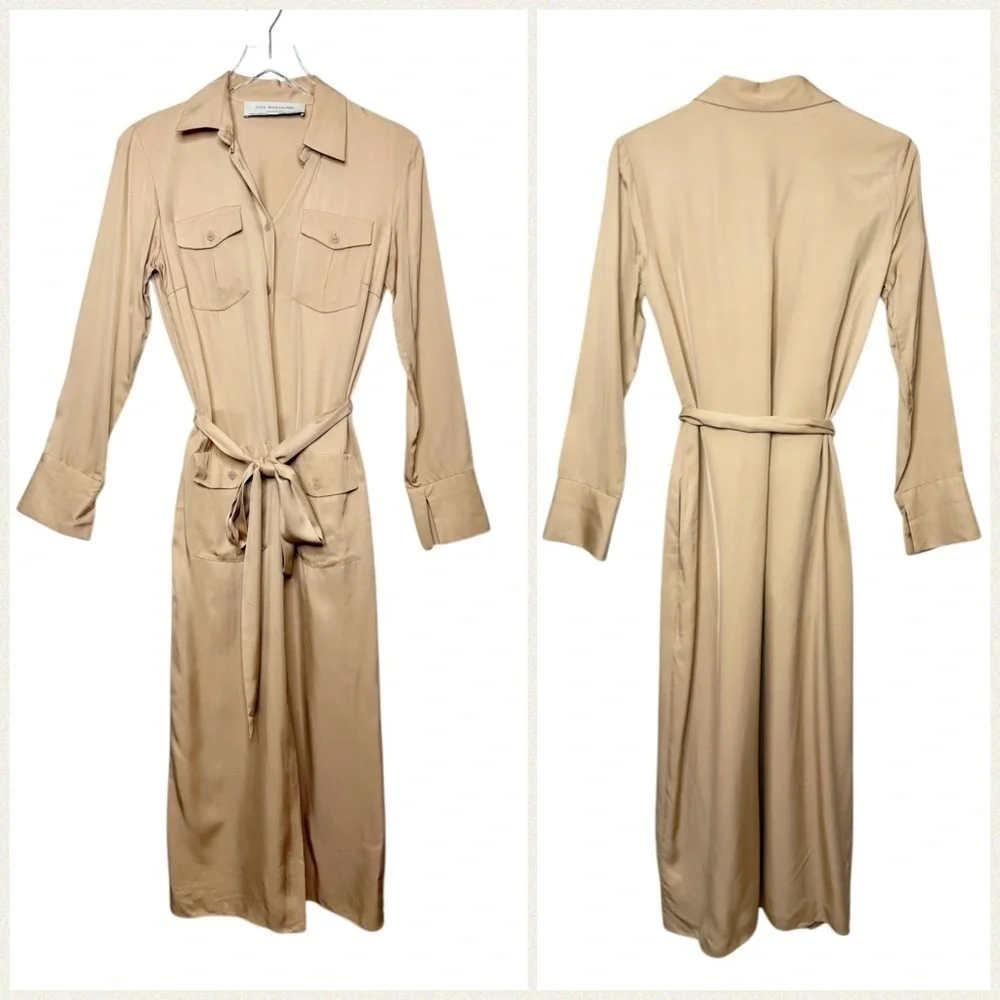 Zara Studio Safari Shirt Dress Tan Midi Belted Utility Quiet Luxury Sz XS